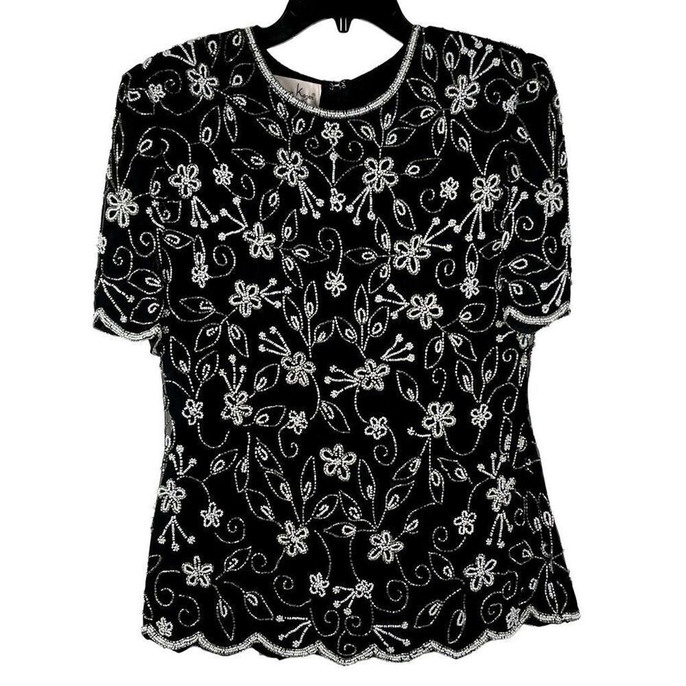 Laurence Kazar Beaded Floral Silk Lined Short Sleeve Blouse Medium